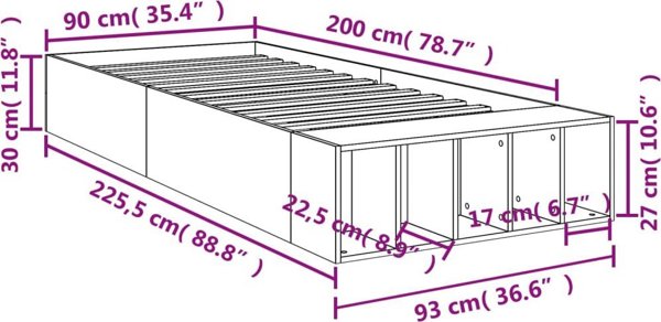 vidaXL Rama lozka, szarosc betonu, 90x200 cm, material drewnopochodny