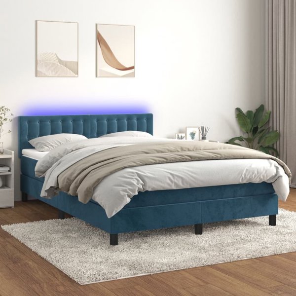 vidaXL Κρεβάτι Continental με στρώμα και LED φωτισμό, μπλε βελούδο, 140x190 cm