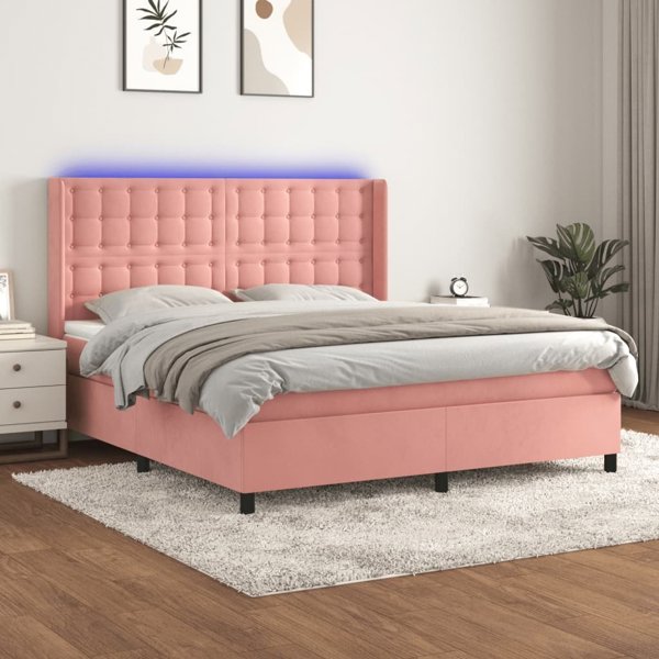 vidaXL Λευκό Κρεβάτι Continental με Στρώμα και Φωτισμό LED, Ροζ Βελούδο 160x200cm