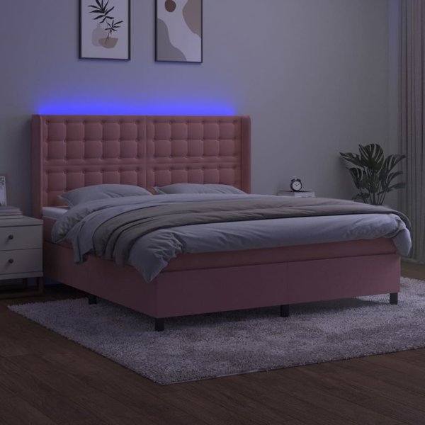 vidaXL Λευκό Κρεβάτι Continental με Στρώμα και Φωτισμό LED, Ροζ Βελούδο 160x200cm