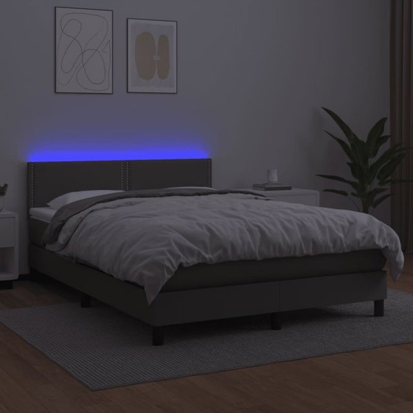 vidaXL Κρεβάτι κοντινένταλ με στρώμα και LED, γκρι οικολογικό δέρμα 140x190cm