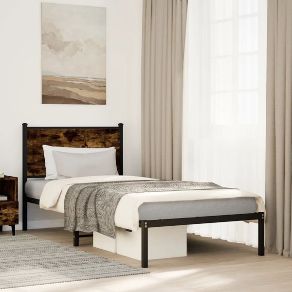 vidaXL Μεταλλικό κρεβατοκάframe χωρίς στρώμα, καπνιστός δρυς, 90x200 cm