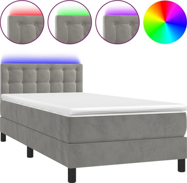 vidaXL Κρεβάτι Kontynentalne με στρώμα και LED, γκρι βελούδο, 90x200 cm