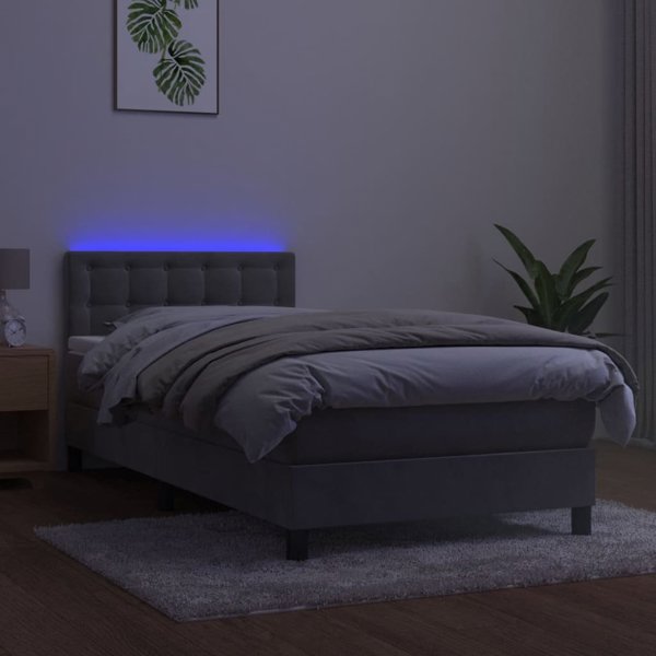 vidaXL Κρεβάτι Kontynentalne με στρώμα και LED, γκρι βελούδο, 90x200 cm