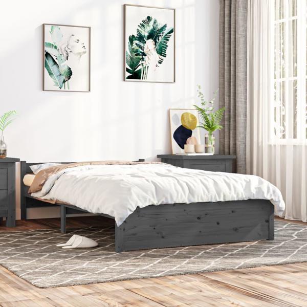vidaXL Πλαίσιο κρεβατιού, γκρι, μασίφ ξύλο, 135x190 cm, διπλό