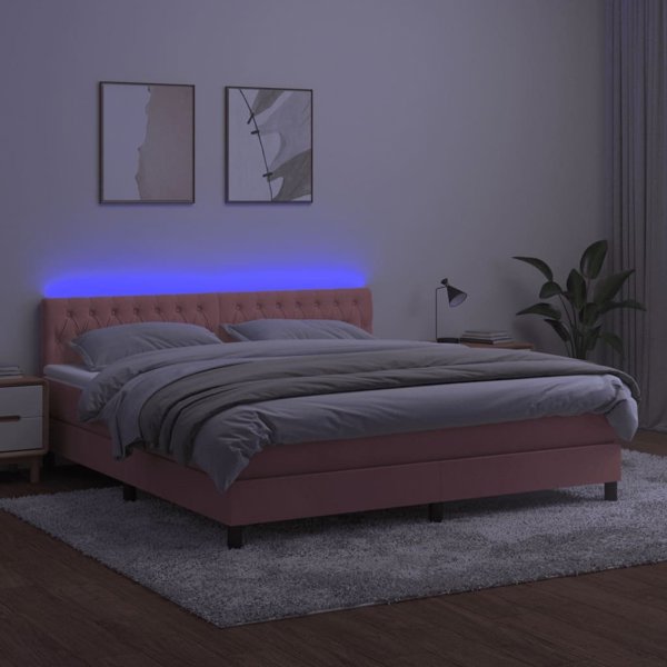 vidaXL Κρεβάτι κοντινένταλ με στρώμα και LED, ροζ βελούδο, 180x200 εκ.