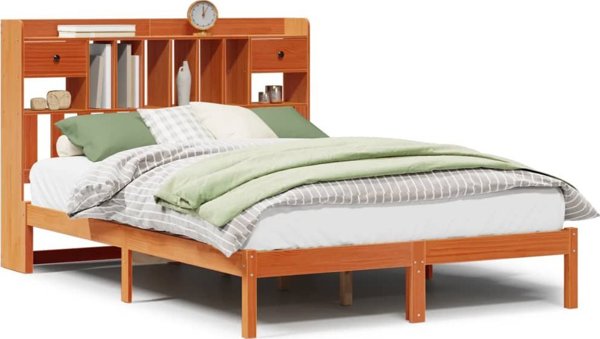 vidaXL Κρεβάτι με Ραφιέρα 140x190 cm Πευκοξύλου Καφέ Κερί