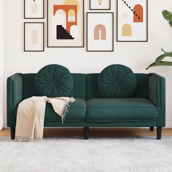 vidaXL Sofa 2-osobowa z poduszkami, ciemnozielona, aksamit