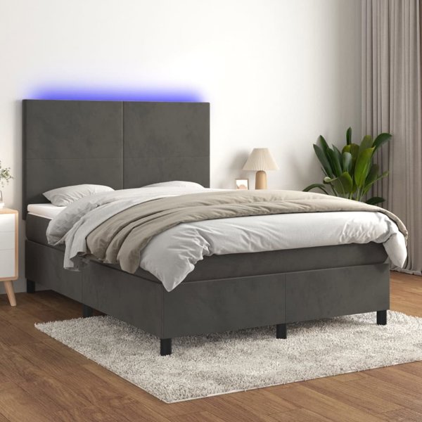 vidaXL Lozko kontynentalne z materacem i LED szary aksamit 140x190 cm