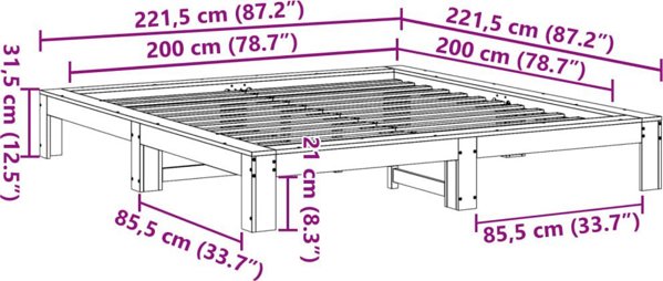 vidaXL Rama κρεβατιου χωρις στρωμα 200x200 cm μασιφ πευκο
