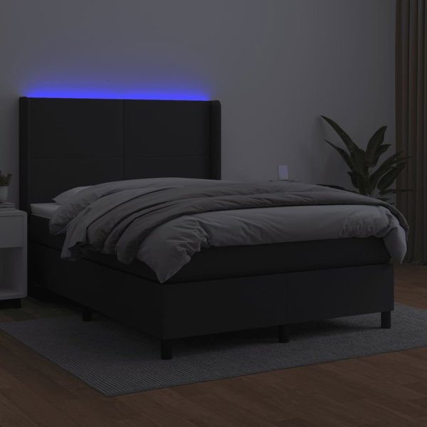 vidaXL Lozko kontynentalne, materac i LED, czarna ekoskora, 140x190 cm