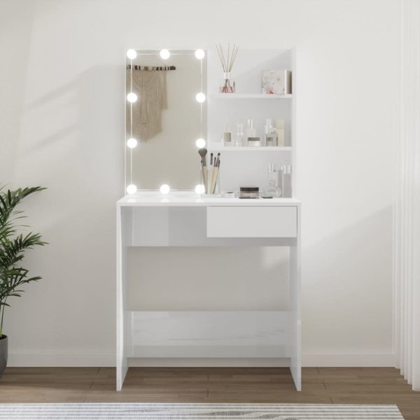 vidaXL Toaletka z oswietleniem LED, biala, polysk, 74,5x40x141 cm