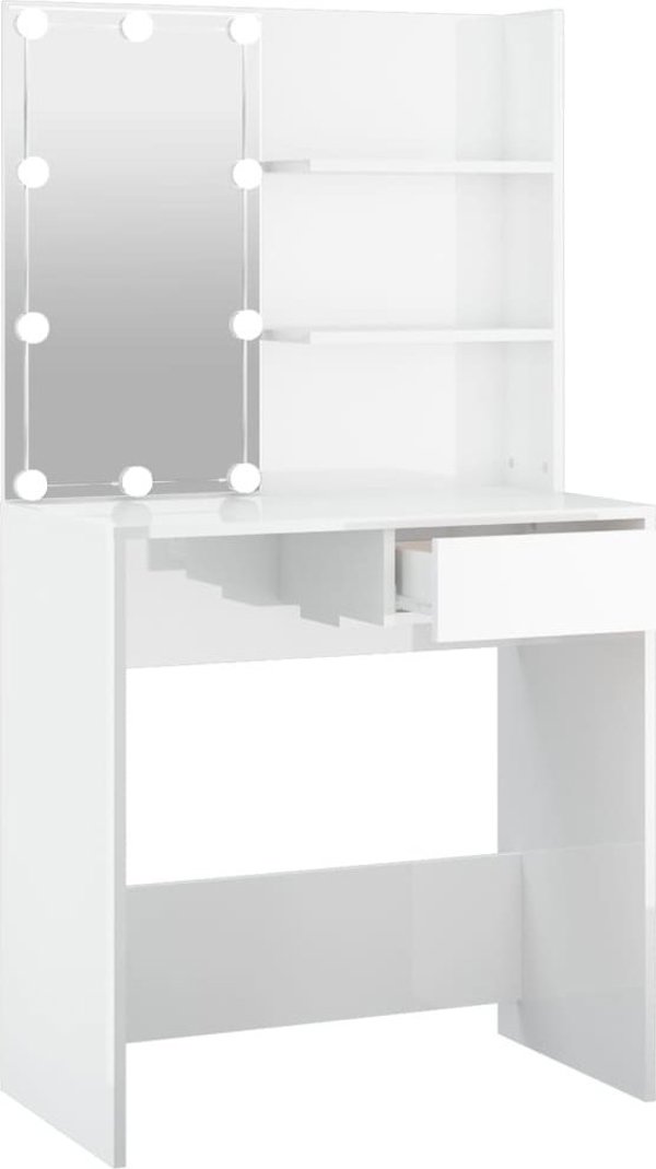 vidaXL Toaletka z oswietleniem LED, biala, polysk, 74,5x40x141 cm