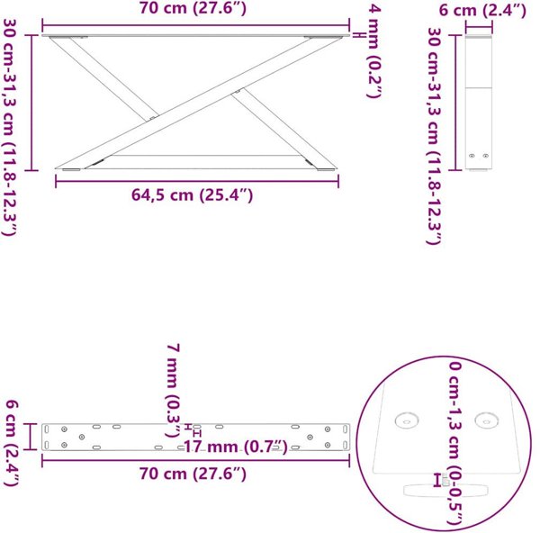vidaXL Nogi do stolika kawowego 2 szt. Czarne 70x(30-31,3) cm Stal