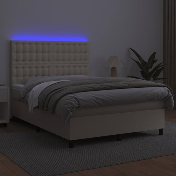 vidaXL Κρεβάτι κοντινεντάλ με LED, με στρώμα, κρεμ, οικολογικό δέρμα 140x200 εκ