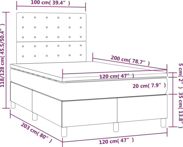 vidaXL Lozko kontynentalne z materacem i LED czarna ekoskora 120x200cm