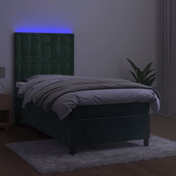 vidaXL Κρεβάτι Continental με στρώμα και LED, πράσινο βελούδο, 90x200 cm