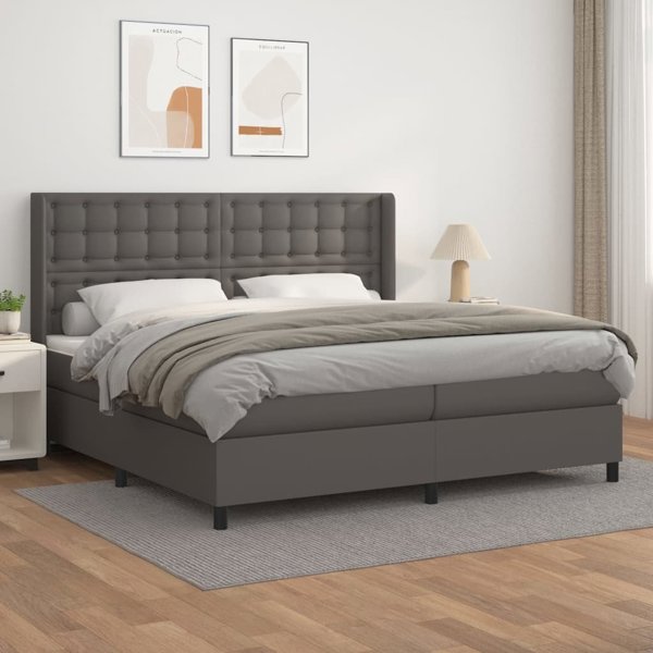 vidaXL Λευκό κρεβάτι continental με στρώμα, γκρι, δερματίνη, 200x200 εκ.