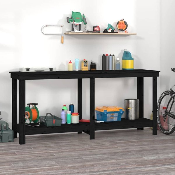 vidaXL Μαύρος πάγκος εργασίας 180x50x80 cm από μασίφ ξύλο πεύκου