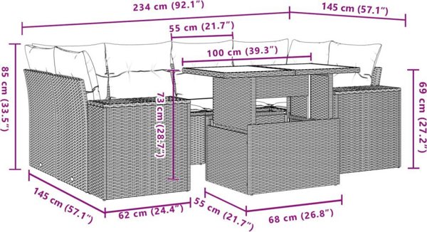 vidaXL Σετ Κήπου 7 Τεμαχίων με Μαξιλάρια Καφέ Χρώματος