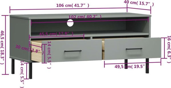 vidaXL Szafka pod TV OSLO, metalowe nozki, szara, sosnowa