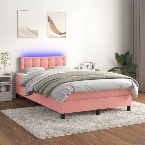 vidaXL Κρεβάτι κοντινεντάλ με στρώμα και LED, ροζ βελούδο 120x200cm