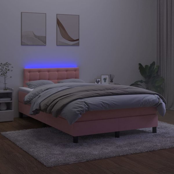 vidaXL Κρεβάτι κοντινεντάλ με στρώμα και LED, ροζ βελούδο 120x200cm