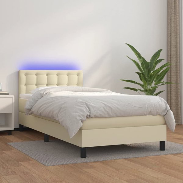 vidaXL lozko kontynentalne z LED, materac, kremowe, ekoskora 100x200cm
