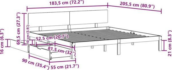 vidaXL Κάδρο κρεβατιού με συρτάρια λευκό 180x200 cm μασίφ πεύκο