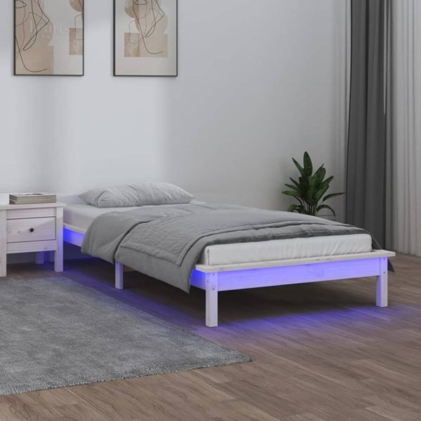 vidaXL Rama κρεβατιού με LED, λευκή, 100 x 200 cm, μασίφ ξύλο