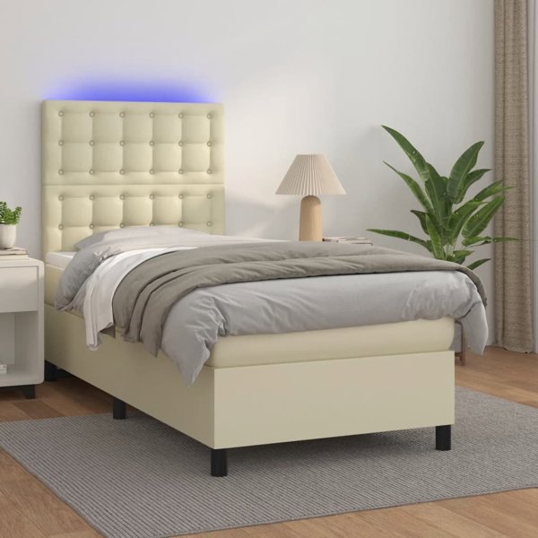 vidaXL Κρεβάτι Κοντινένταλ με LED και Στρώμα, Κρεμ Eco Δέρμα, 90x200 εκ.
