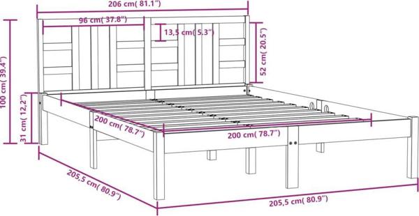 vidaXL Σκελετός κρεβατιού, μαύρος, μασίφ ξύλο, 200 x 200 cm