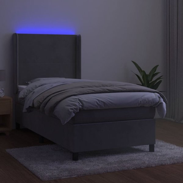 vidaXL Κοκτινεντάλ κρεβάτι με στρώμα και LED, γκρι, 90x190 cm, βελούδο