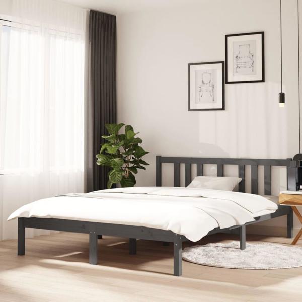 vidaXL Πλαίσιο κρεβατιού, γκρι, συμπαγές ξύλο, 135x190 cm, διπλό