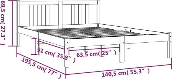 vidaXL Πλαίσιο κρεβατιού, γκρι, συμπαγές ξύλο, 135x190 cm, διπλό
