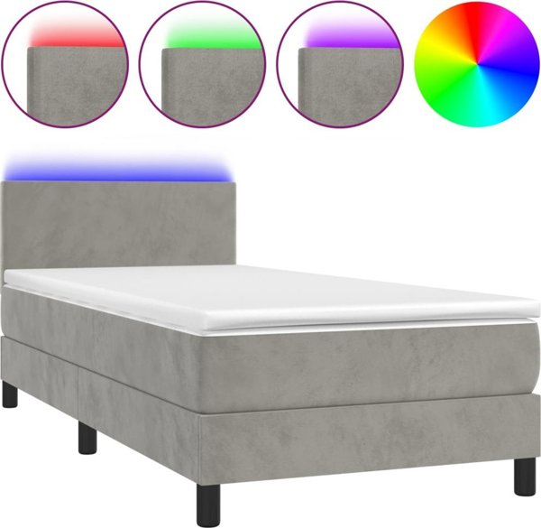vidaXL Κρεβάτι κοντινεντάλ με στρώμα και LED, γκρι 90x200 cm, βελούδο