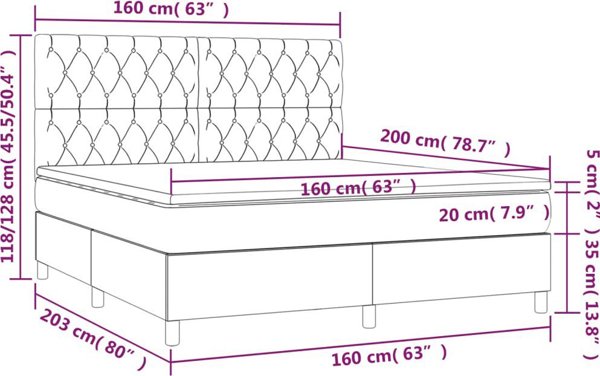 vidaXL Κρεβάτι κοντινεντάλ με στρώμα και LED, γκρι 160x200 εκ., βελούδο