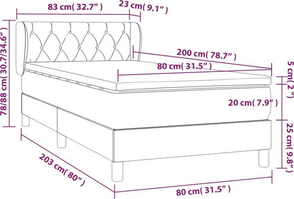 vidaXL Λιτό κρεβάτι με στρώμα, μαύρο ύφασμα, 80x200 εκ