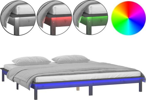 vidaXL Rama κρεβατιού με LED, γκρι, 140x190 εκ., μασίφ ξύλο