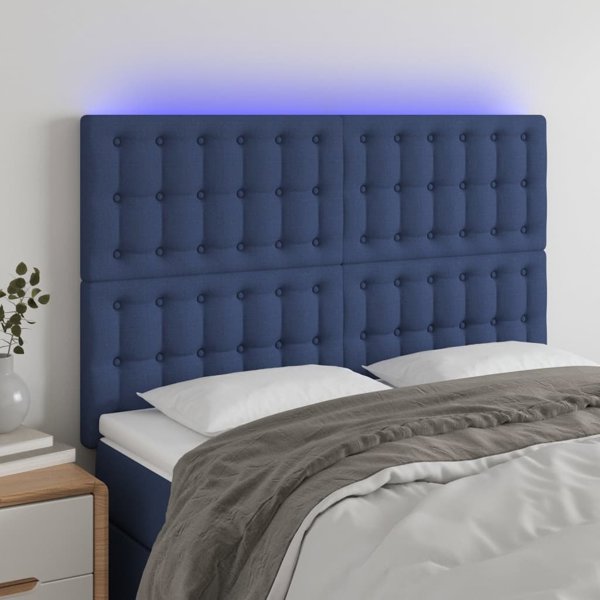 vidaXL Zaglowek do lozka z LED, niebieski, 144x5x118/128 cm, tkanina