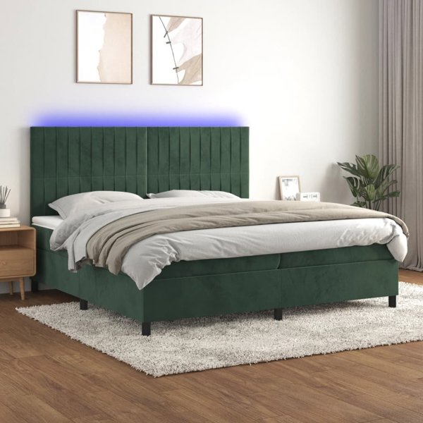 vidaXL Κρεβάτι κοντινεντάλ με στρώμα και LED πράσινο βελούδο 200x200cm