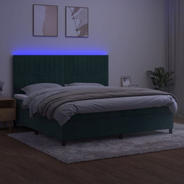 vidaXL Κρεβάτι κοντινεντάλ με στρώμα και LED πράσινο βελούδο 200x200cm