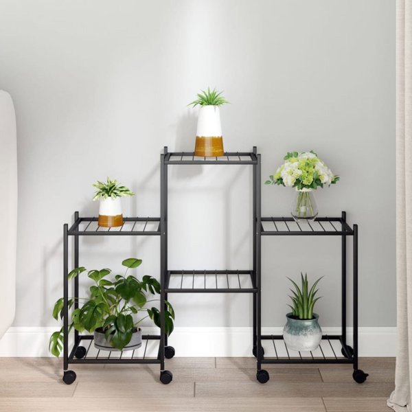 vidaXL Μαύρος σταντ για λουλούδια με ρόδες, 83x25x63,5 cm, σιδερένιος