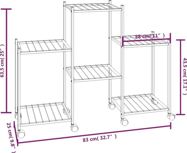 vidaXL Μαύρος σταντ για λουλούδια με ρόδες, 83x25x63,5 cm, σιδερένιος