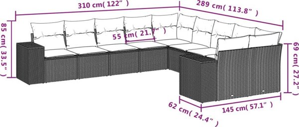 vidaXL Σετ Επίπλων Κήπου 10 Τεμαχίων, Πολυρατάν, Καφέ Χρώμα με Μαξιλάρια
