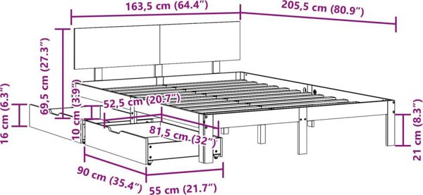 vidaXL Rama κρεβατιού με συρτάρια, λευκή, 160x200 εκ., συμπαγές πευκόξυλο