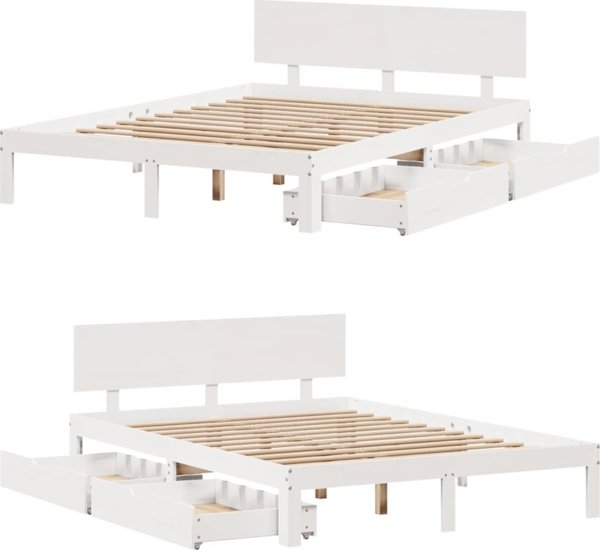 vidaXL Rama κρεβατιού με συρτάρια, λευκή, 160x200 εκ., συμπαγές πευκόξυλο