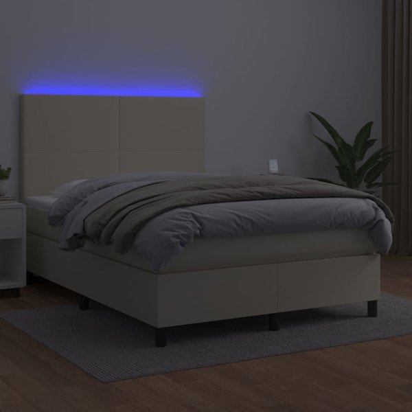 vidaXL Κρεβάτι κοντινεντάλ με LED, στρώμα, κρεμ οικολογικό δέρμα, 140x190 cm