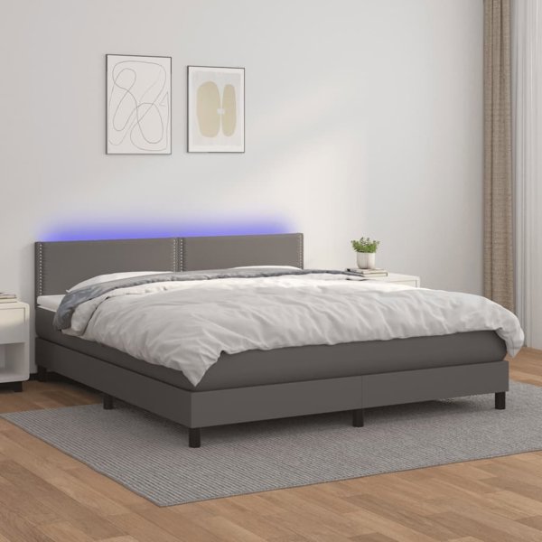 vidaXL Κρεβάτι κοντινεντάλ με στρώμα και LED, γκρι οικολογικό δέρμα, 180x200 cm