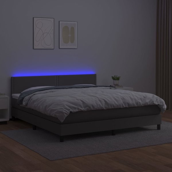 vidaXL Κρεβάτι κοντινεντάλ με στρώμα και LED, γκρι οικολογικό δέρμα, 180x200 cm